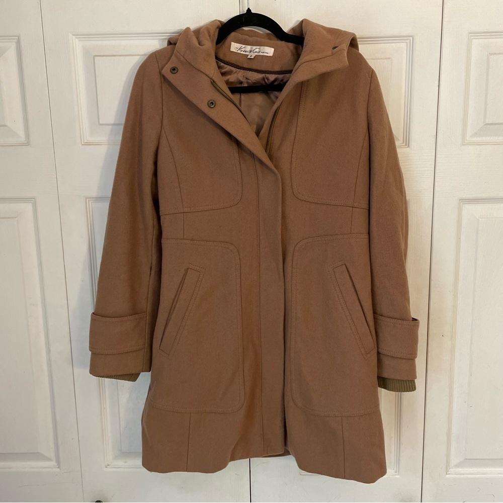 Kenneth Cole New York Tan Camel Wool Classic Zip Up Hooded Coat 6